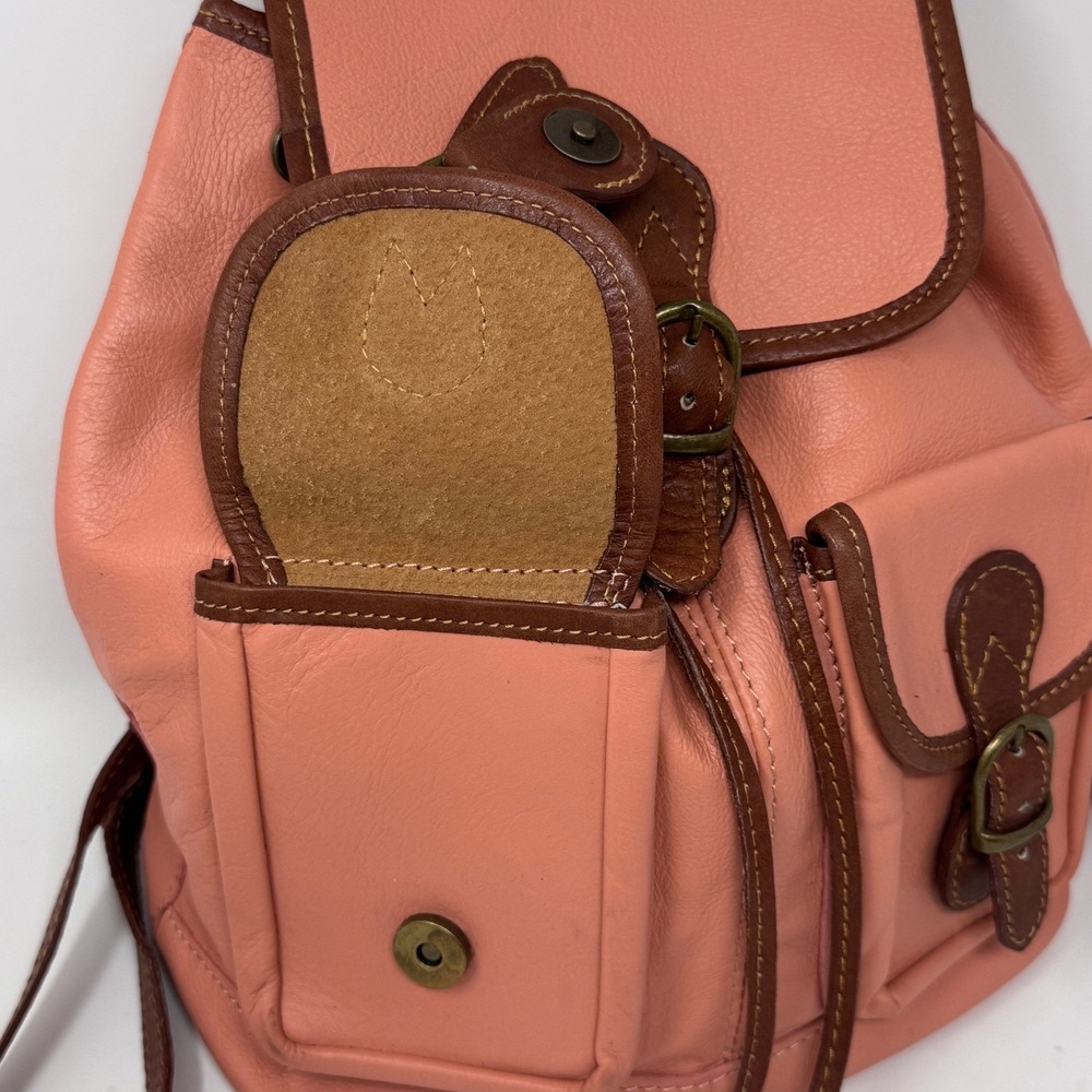 Vintage Italian Leather Backpack Purse – Coral Pink & Brown Made in Italy - Picture 6 of 10